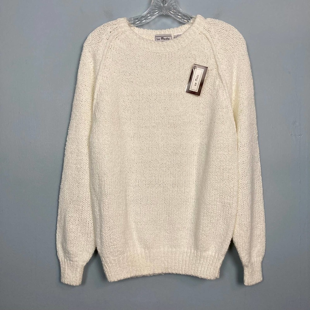 VINTAGE 80s NWT Le Moda Chunky Knit Crewneck Sweater Women's Size L Cream Raglan - Picture 8 of 10